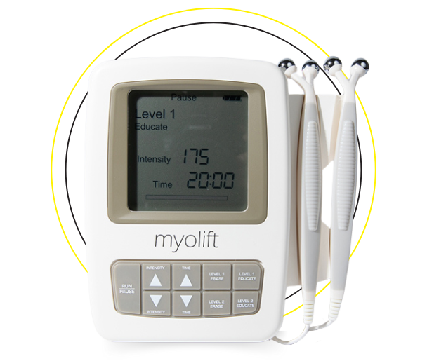 Non-surgical facelift results with microcurrent facial device.